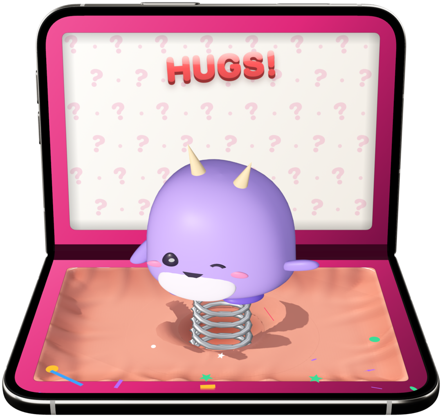 A purple critter on a steel spring bouncing out of the box on a half-open folding phone, with HUGS! in the lid