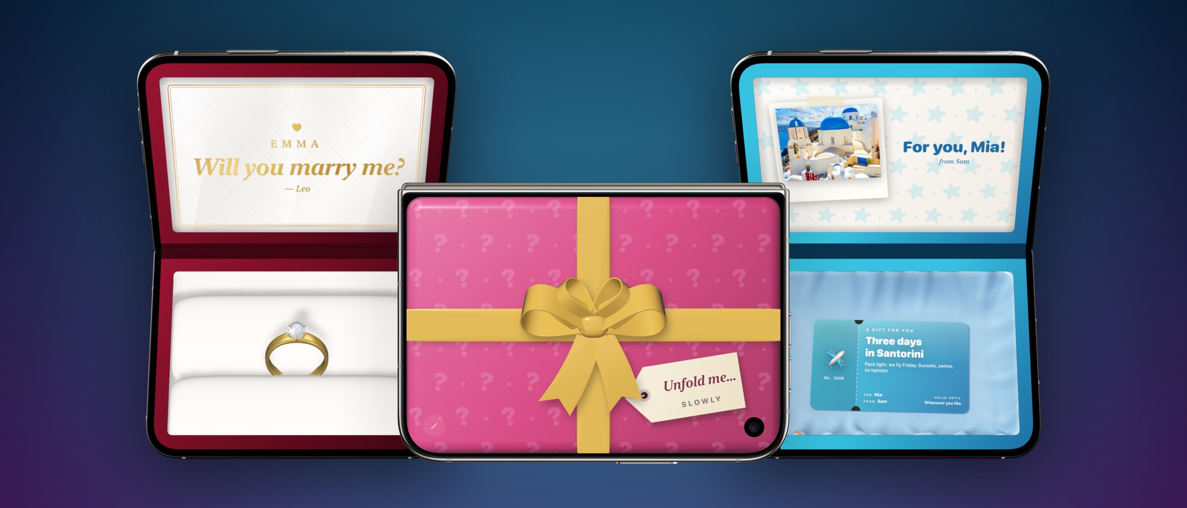 Two boxes open on folding phones, a red velvet ring box asking “Emma, will you marry me?” and a gift of three days in Santorini, with a box of surprises wrapped in pink paper and a gold bow on a closed phone between them